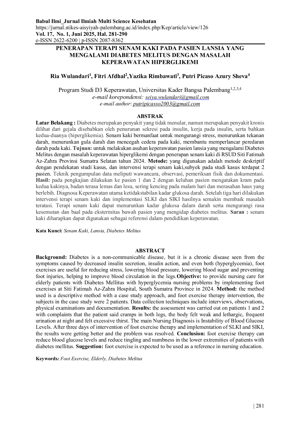 JURIS Penerapan Terapi Senam Kaki pada Pasien Lansia yang Mengalami Diabetes Melitus dengan Masalah Keperawatan Hiperglikemi