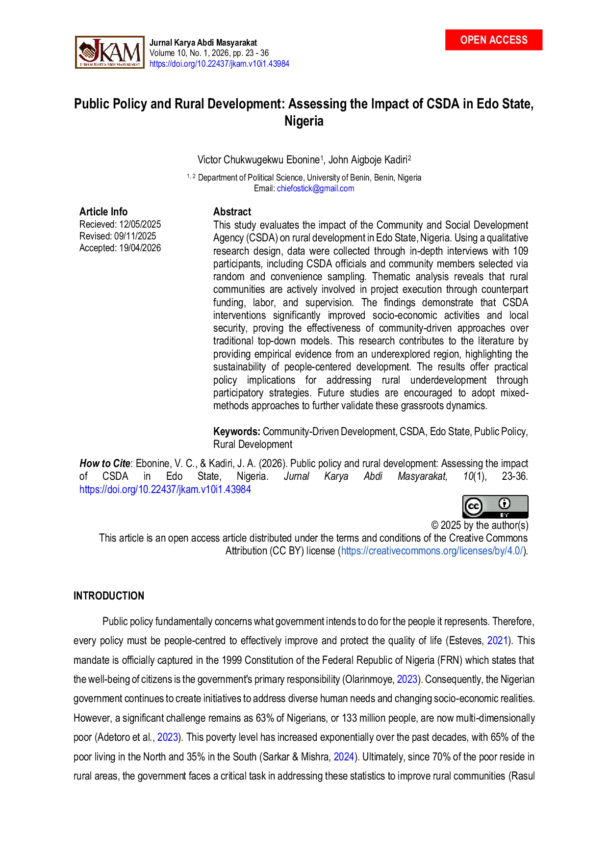 JURIS Public Policy and Rural Development Assessing the Impact of CSDA in Edo State Nigeria