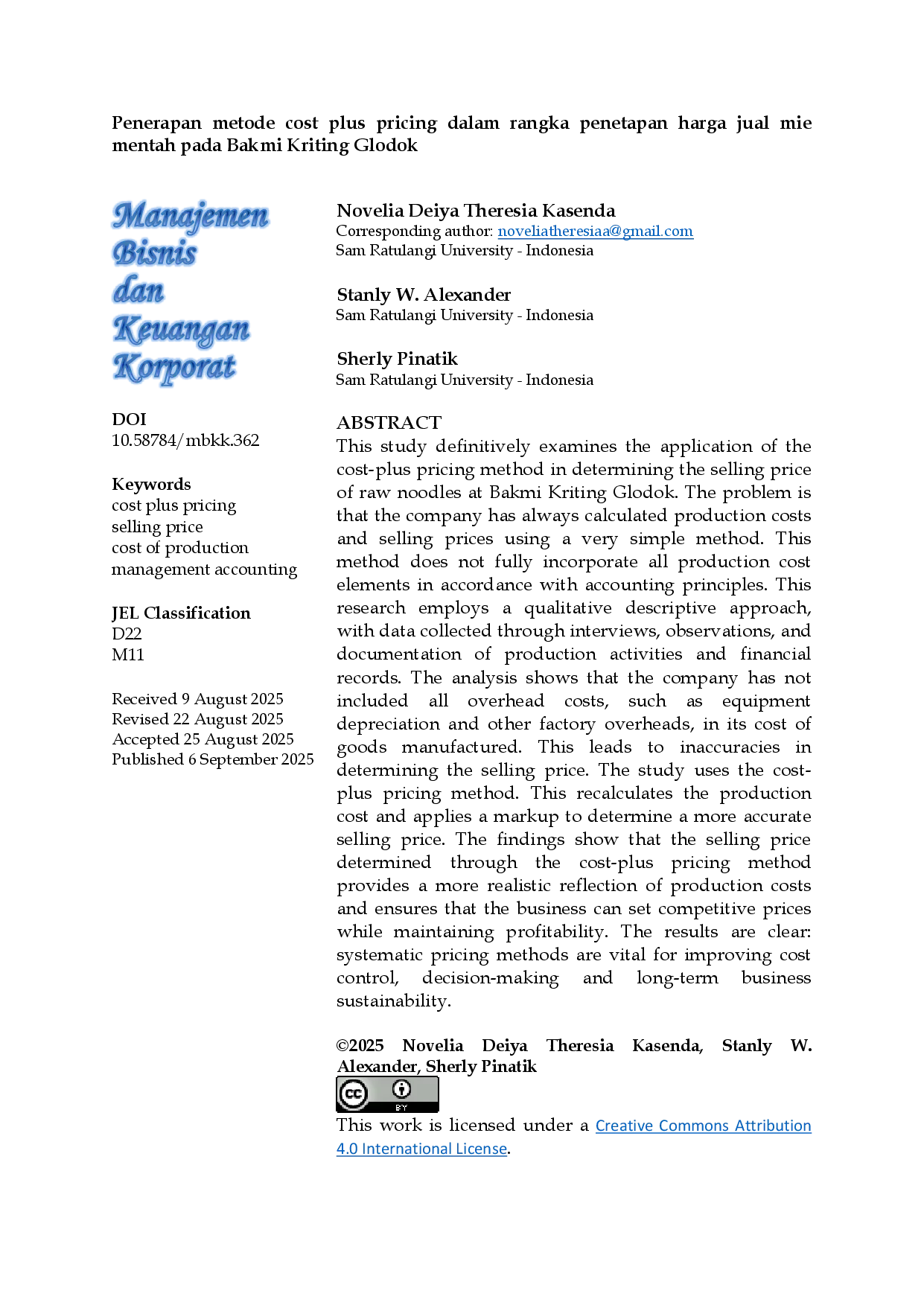 JURIS Penerapan Metode Cost Plus Pricing Dalam Rangka Penetapan Harga Jual Mie Mentah Pada Bakmi Kriting Glodok