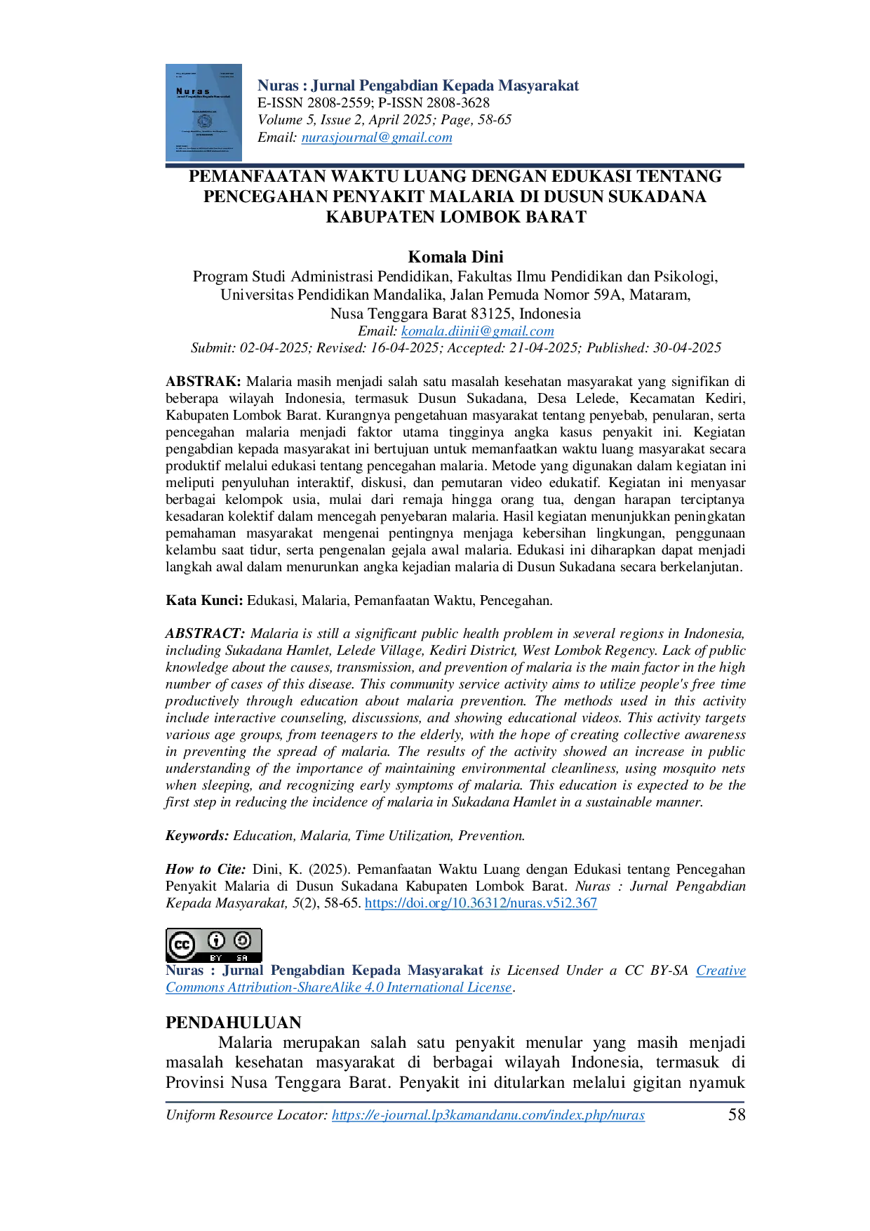 JURIS Pemanfaatan Waktu Luang dengan Edukasi tentang Pencegahan Penyakit Malaria di Dusun Sukadana Kabupaten Lombok Barat