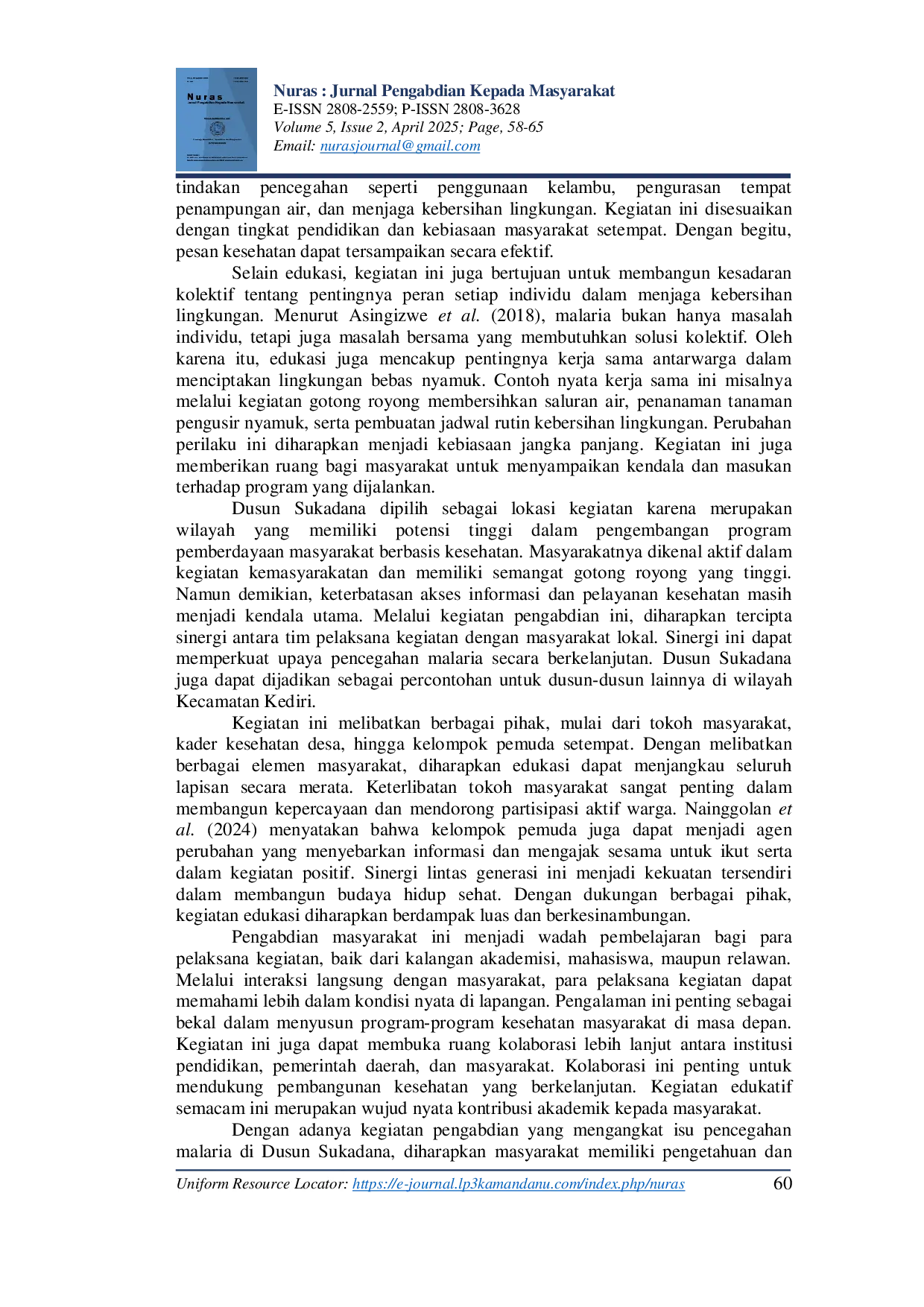 JURIS Pemanfaatan Waktu Luang dengan Edukasi tentang Pencegahan Penyakit Malaria di Dusun Sukadana Kabupaten Lombok Barat