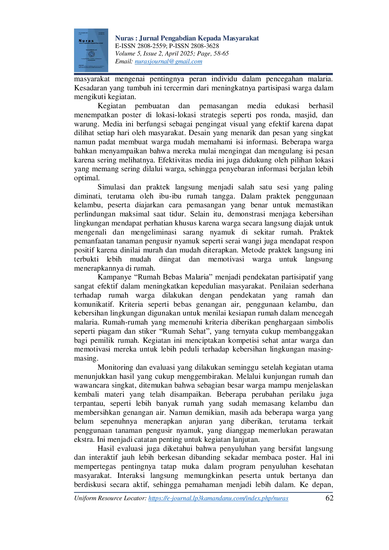 JURIS Pemanfaatan Waktu Luang dengan Edukasi tentang Pencegahan Penyakit Malaria di Dusun Sukadana Kabupaten Lombok Barat