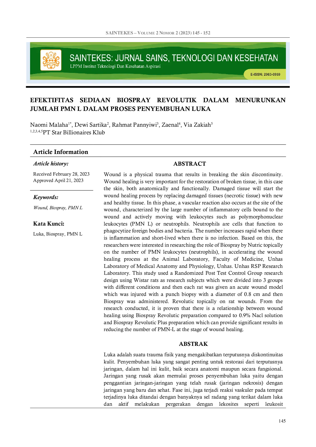 JURIS Efektifitas Sediaan Biospray Revolutic dalam Menurunkan Jumlah PMN L dalam Proses Penyembuhan Luka