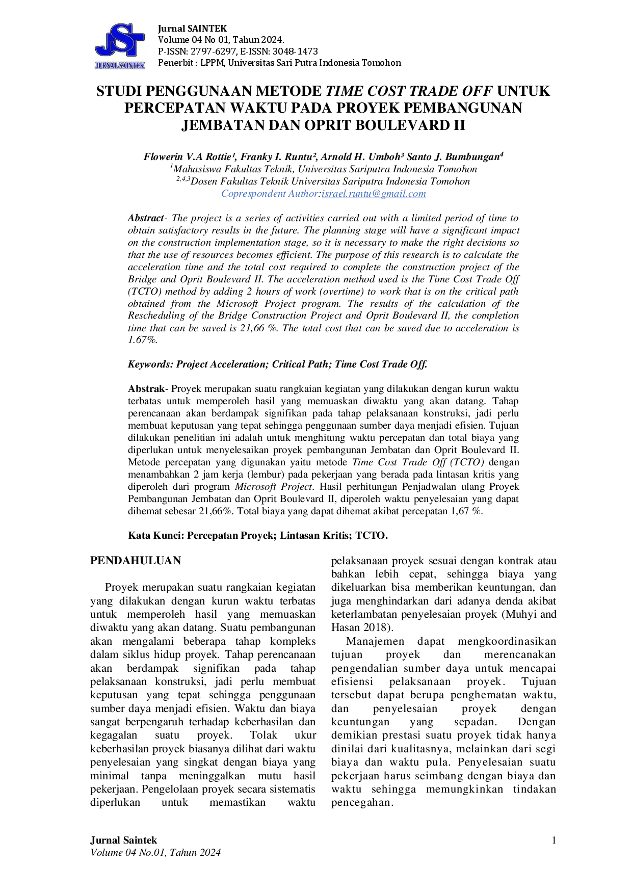 JURIS STUDI PENGGUNAAN METODE TIME COST TRADE OFF UNTUK PERCEPATAN WAKTU PADA PROYEK PEMBANGUNAN JEMBATAN DAN OPRIT BOULEVARD II
