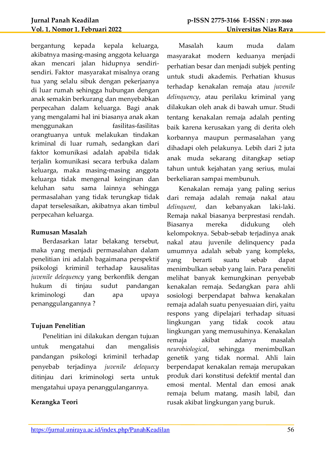 JURIS Perspektif Psikologi Kriminil Terhadap Penyebab Terjadinya Juvenile Delinquency Ditinjau Dari Aspek Kriminologi