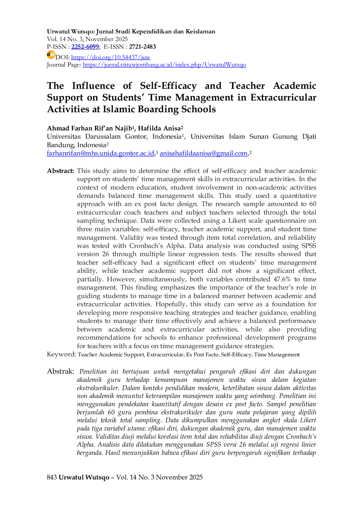 JURIS The Influence of Self Efficacy and Teacher Academic Support on Students Time Management in Extracurricular Activities at Islamic Boarding Schools