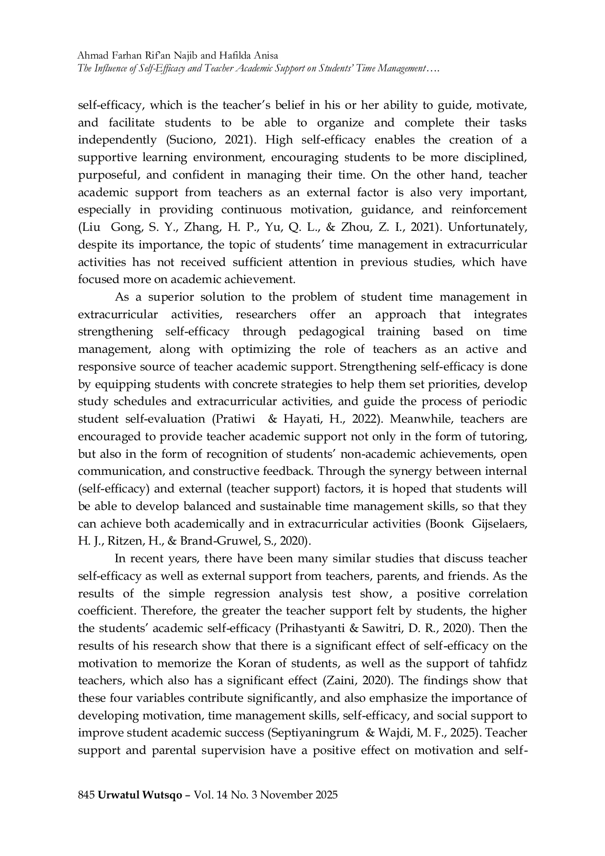 JURIS The Influence of Self Efficacy and Teacher Academic Support on Students Time Management in Extracurricular Activities at Islamic Boarding Schools