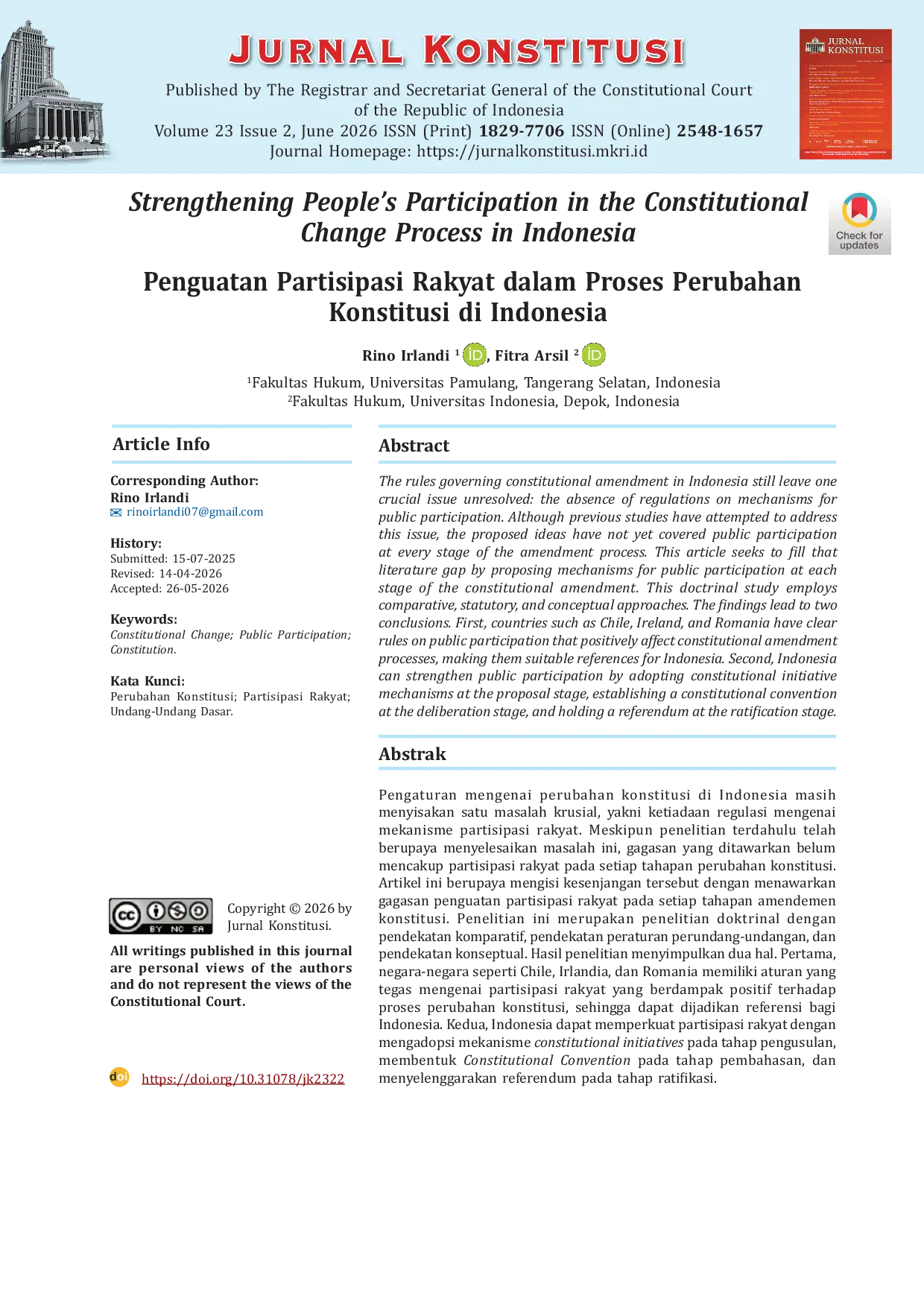 JURIS Penguatan Partisipasi Rakyat dalam Proses Perubahan Konstitusi di Indonesia Strengthening People s Participation in the Constitutional Change Process in Indonesia