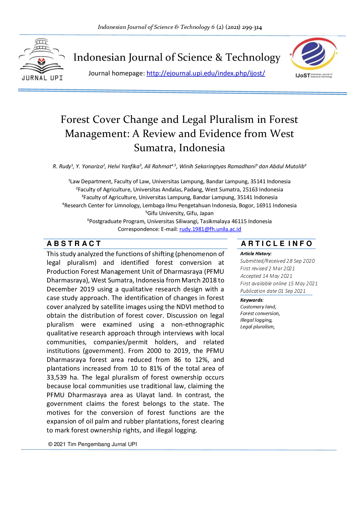 juris Forest Cover Change and Legal Pluralism in Forest Management A Review and Evidence from West Sumatra Indonesia