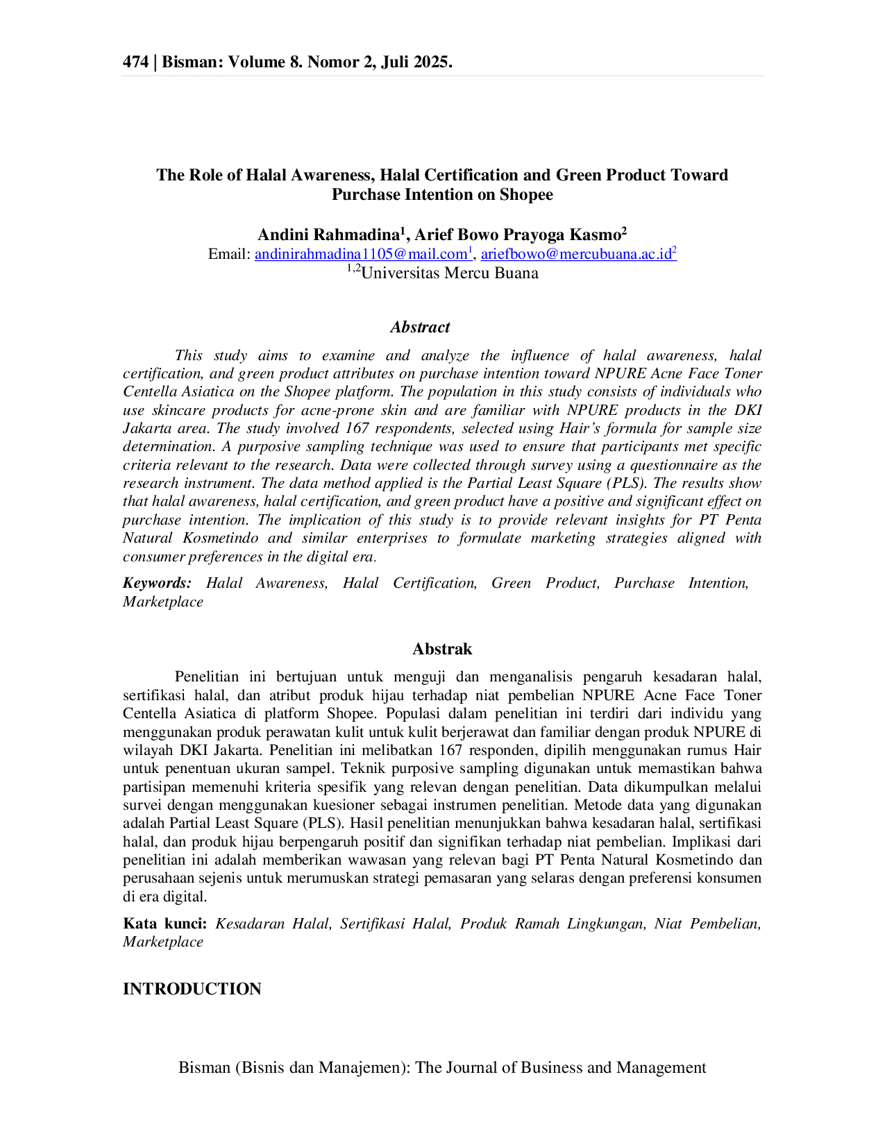 JURIS The Role of Halal Awareness Halal Certification and Green Product Toward Purchase Intention on Shopee