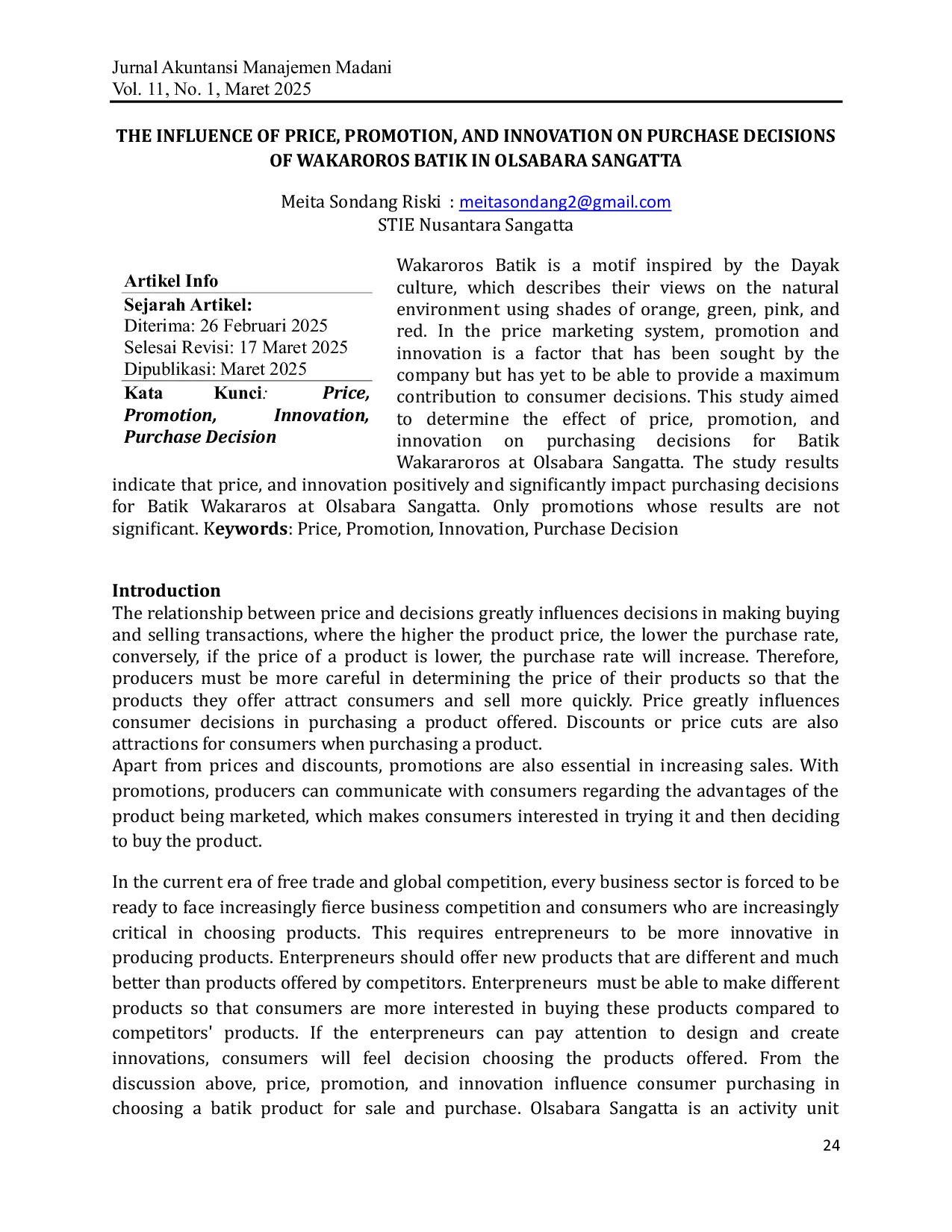 JURIS The Influence Of Price Promotion And Innovation On Purchase Decisions Of Wakaroros Batik In Olsabara Sangatta
