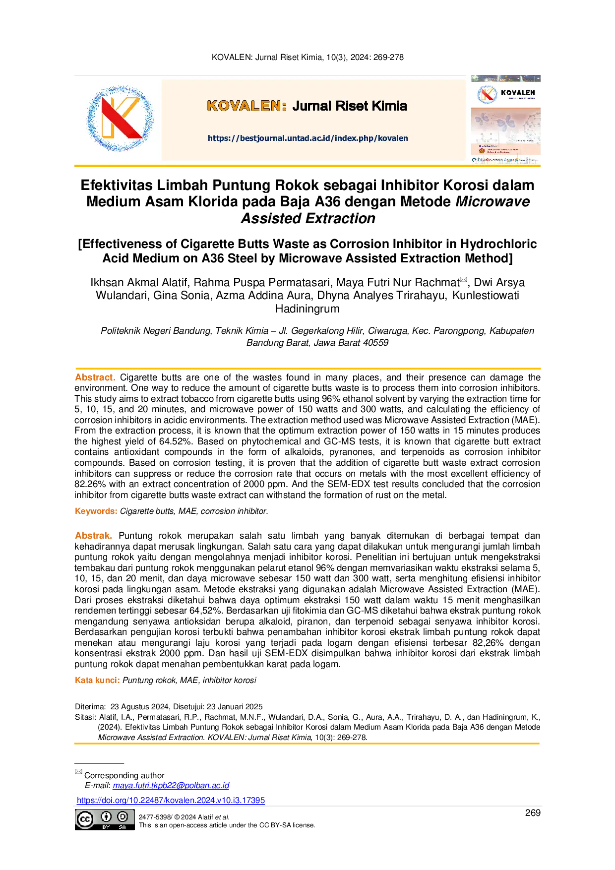 JURIS Efektivitas Limbah Puntung Rokok sebagai Inhibitor Korosi dalam Medium Asam Klorida pada Baja A36 dengan Metode Microwave Assisted Extraction