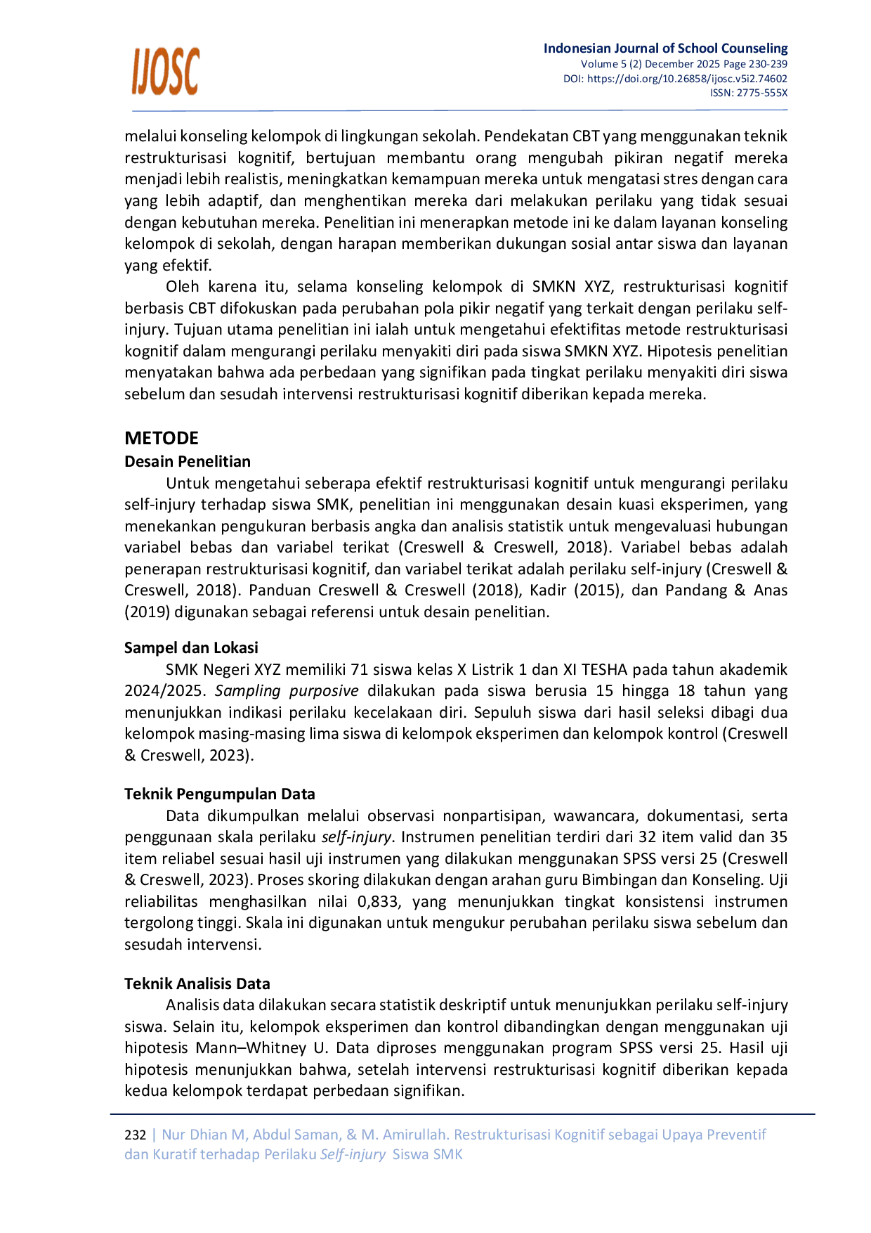 JURIS Restrukturisasi Kognitif sebagai Upaya Preventif dan Kuratif terhadap Perilaku Self injury Siswa SMK