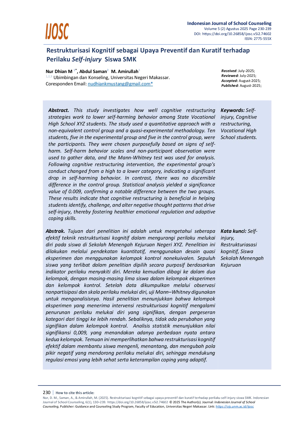 JURIS Restrukturisasi Kognitif sebagai Upaya Preventif dan Kuratif terhadap Perilaku Self injury Siswa SMK