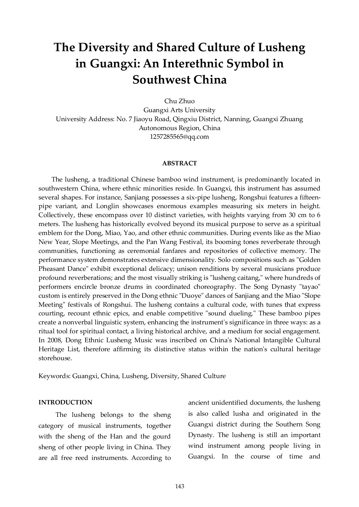 JURIS The Diversity and Shared Culture of Lusheng in Guangxi An Interethnic Symbol in Southwest China