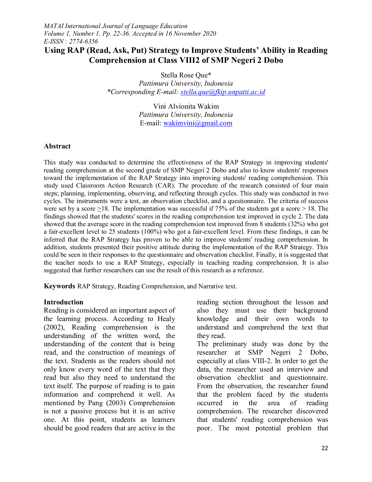 JURIS Using RAP Read Ask Put Strategy to Improve Students Ability in Reading Comprehension at Class VIII2 of SMP Negeri 2 Dobo