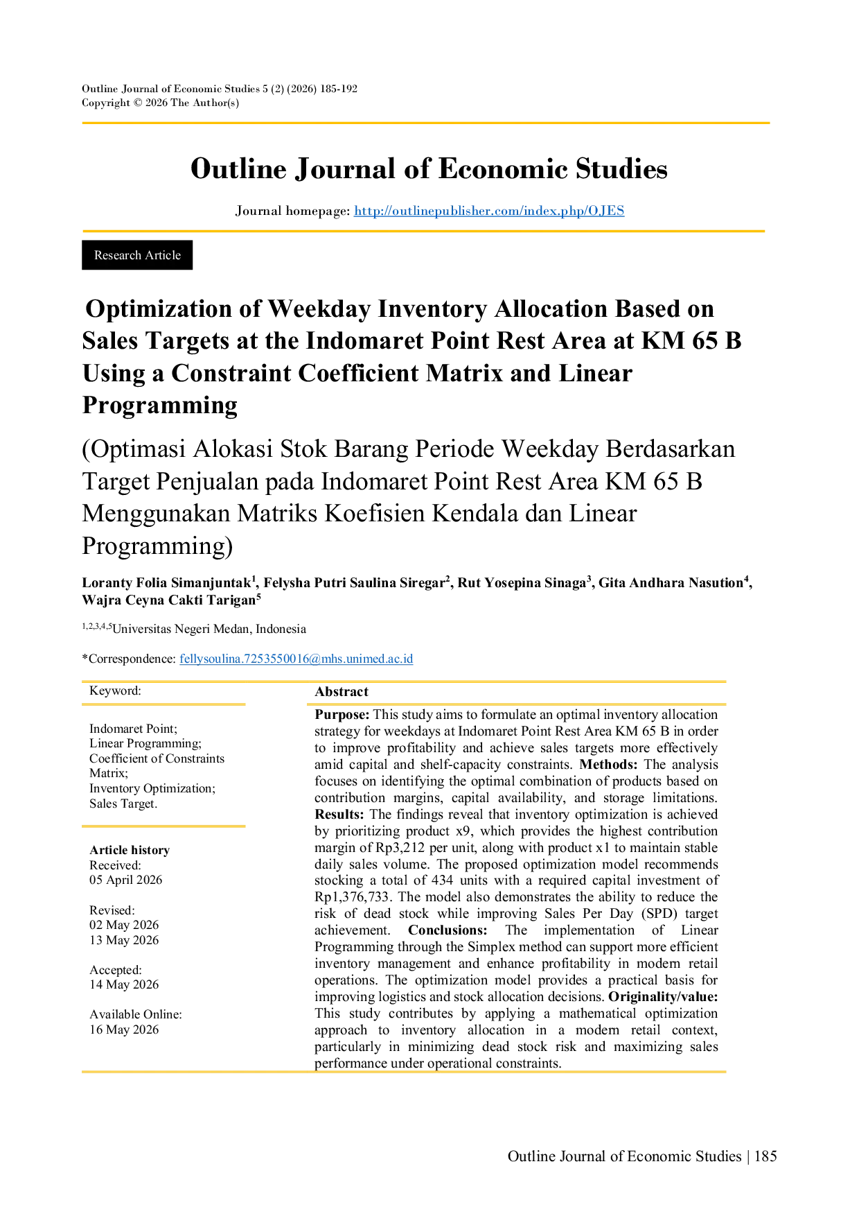 JURIS Optimization of Weekday Inventory Allocation Based on Sales Targets at the Indomaret Point Rest Area at KM 65 B Using a Constraint Coefficient Matrix and Linear Programming