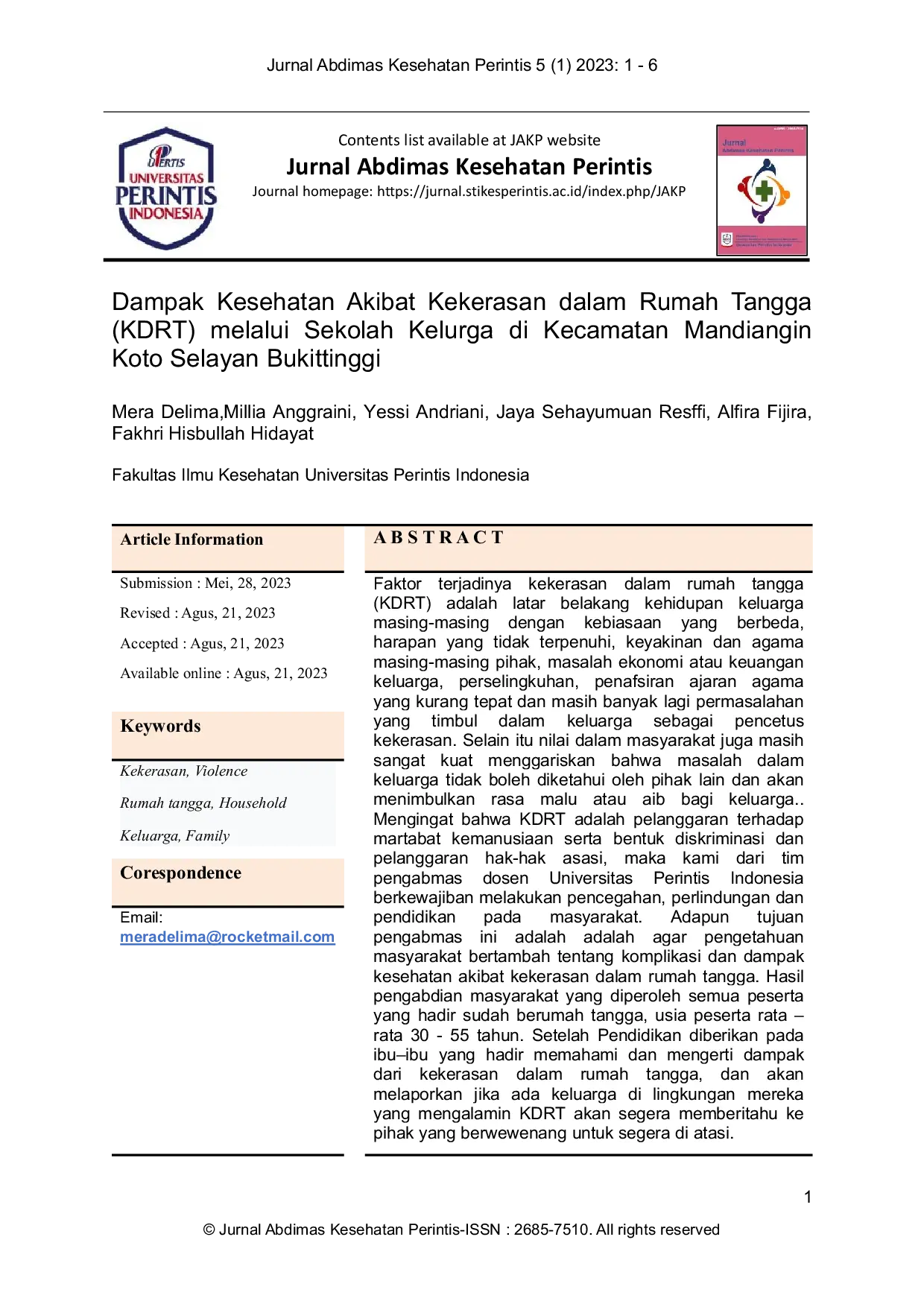 JURIS Dampak Kesehatan Akibat Kekerasan dalam Rumah Tangga KDRT melalui Sekolah Keluarga di Kecamatan Mandiangin Koto Selayan Bukittinggi