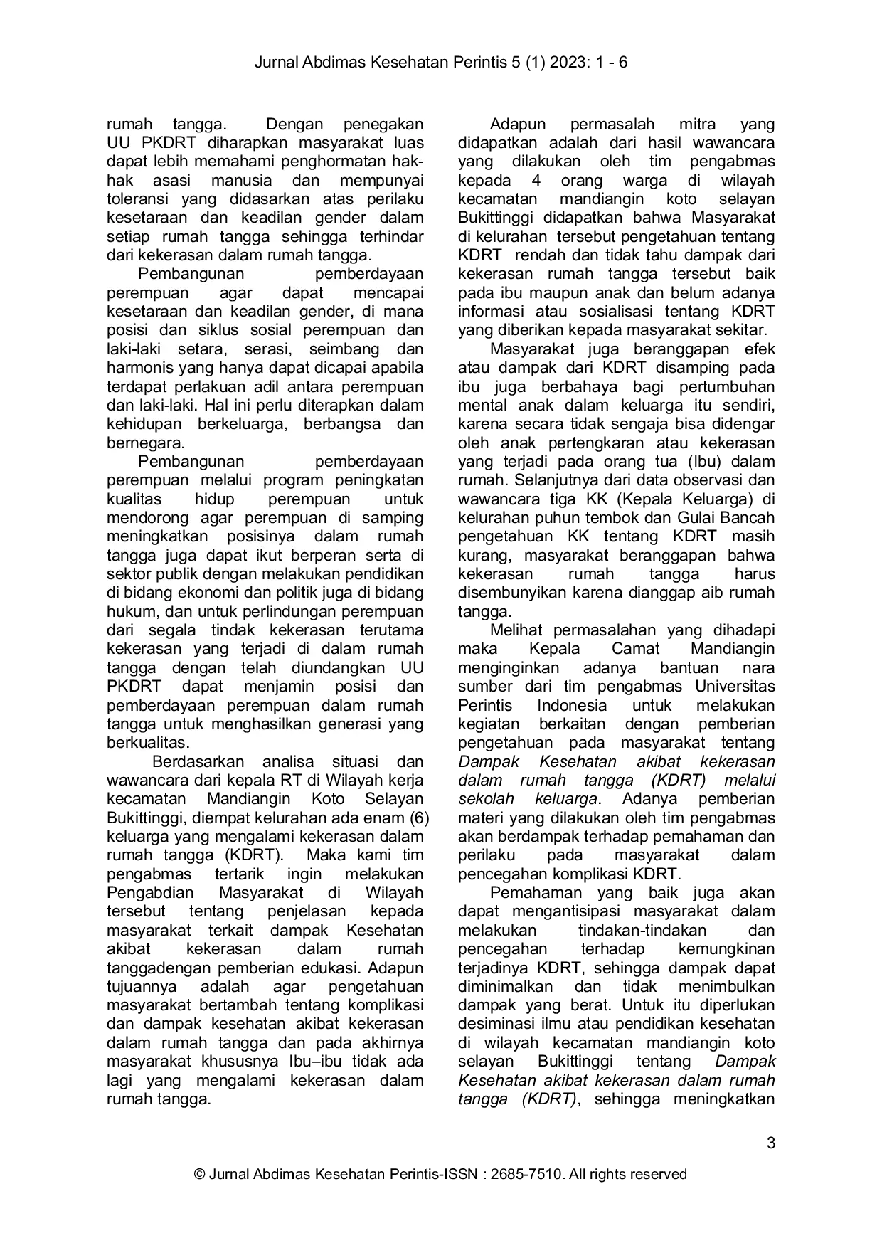 JURIS Dampak Kesehatan Akibat Kekerasan dalam Rumah Tangga KDRT melalui Sekolah Keluarga di Kecamatan Mandiangin Koto Selayan Bukittinggi