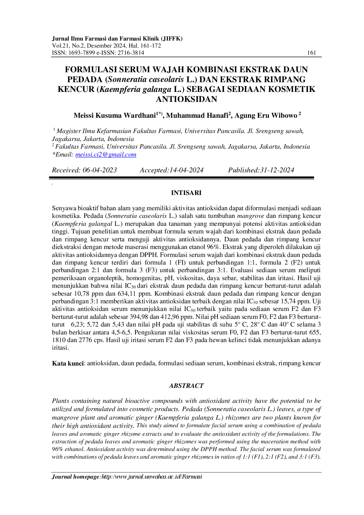 juris Formulasi Serum Wajah Kombinasi Ekstrak Daun Pedada Sonneratia Caseolaris L Dan Ekstrak Rimpang Kencur Kaempferia Galanga L Sebagai Sediaan Kosmetik Antioxidan