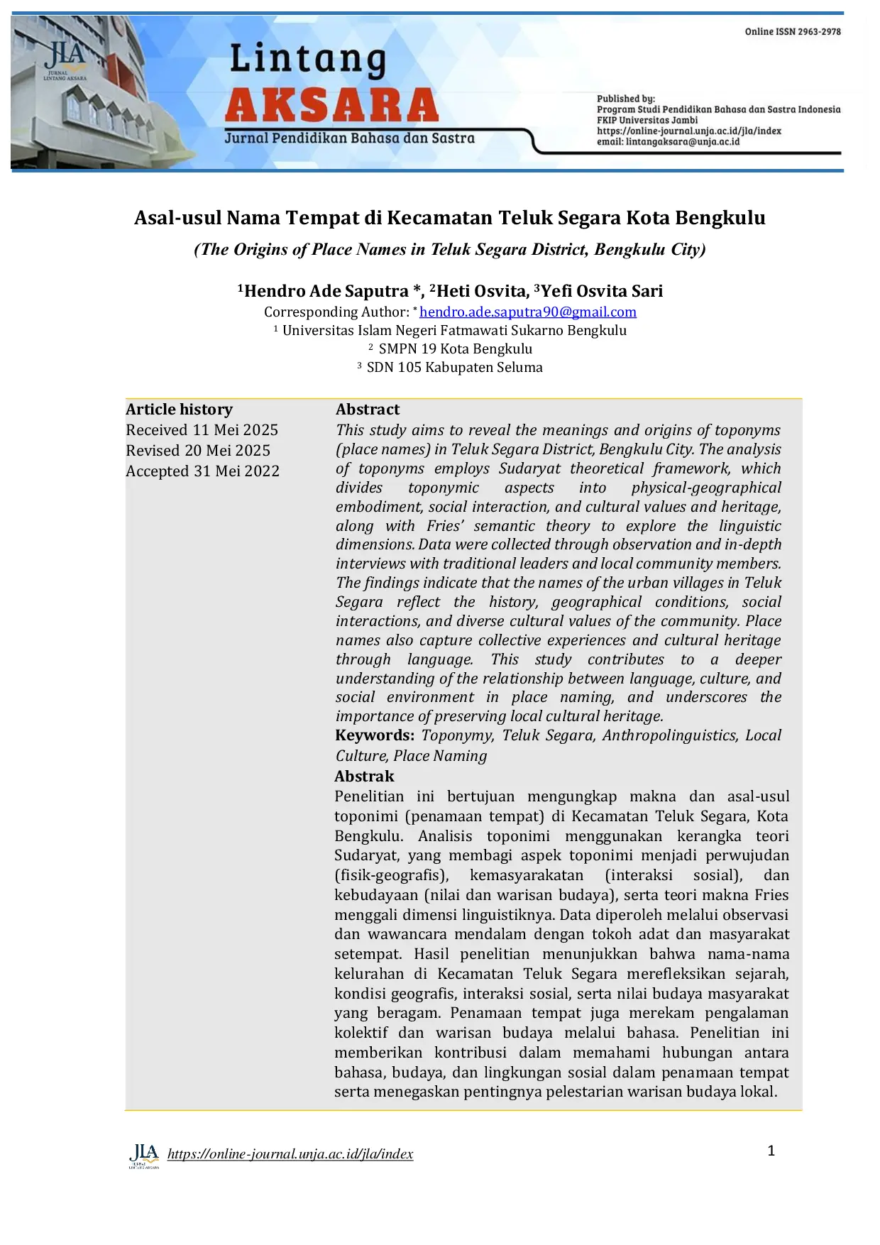 JURIS Asal usul Nama Tempat di Kecamatan Teluk Segara Kota Bengkulu