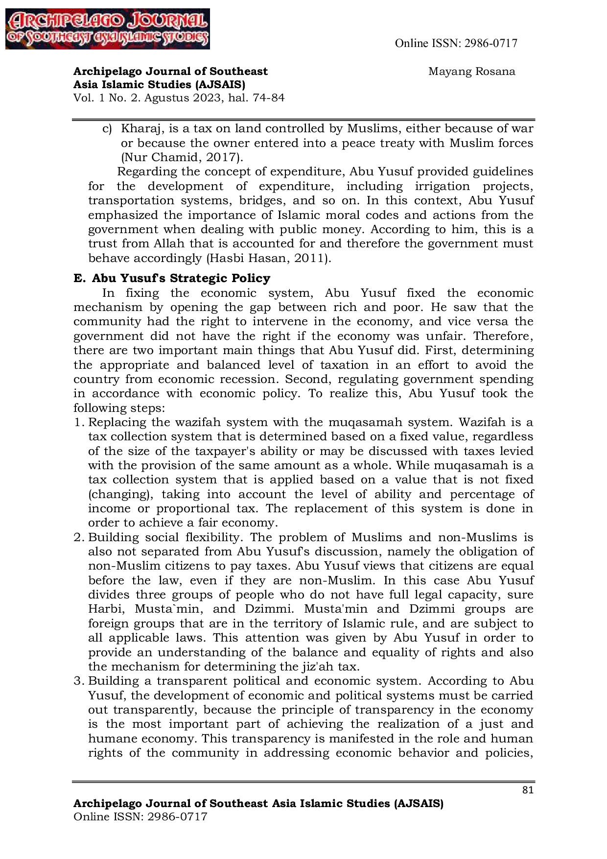 JURIS Abu Yusuf S Thoughts On Islamic Economics