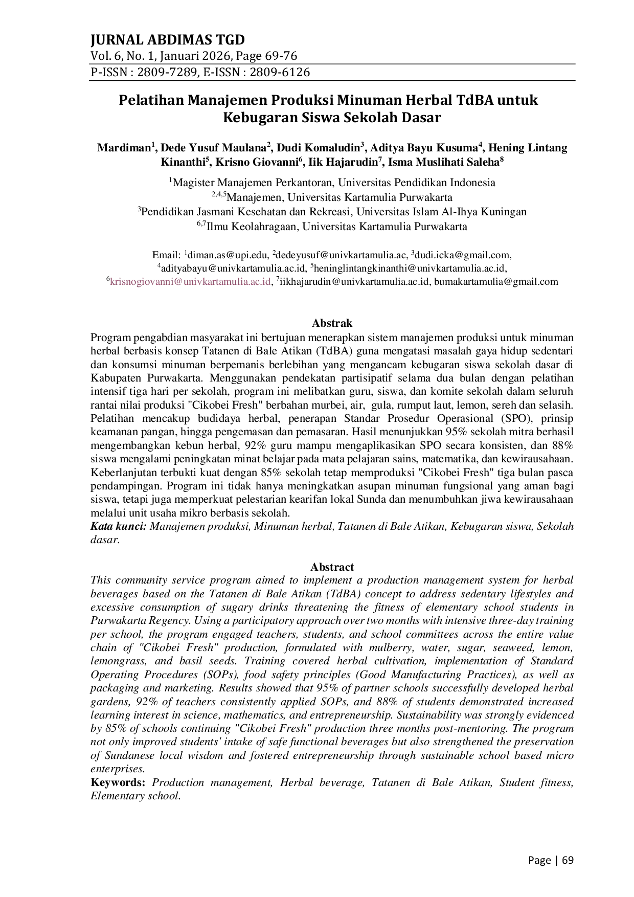JURIS Pelatihan Manajemen Produksi Minuman Herbal TdBA untuk Kebugaran Siswa Sekolah Dasar