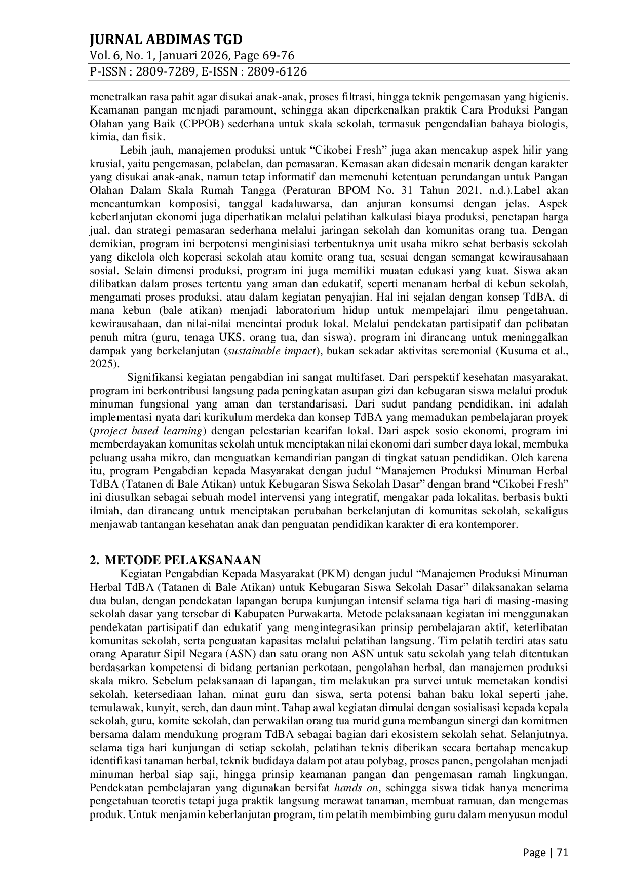 JURIS Pelatihan Manajemen Produksi Minuman Herbal TdBA untuk Kebugaran Siswa Sekolah Dasar