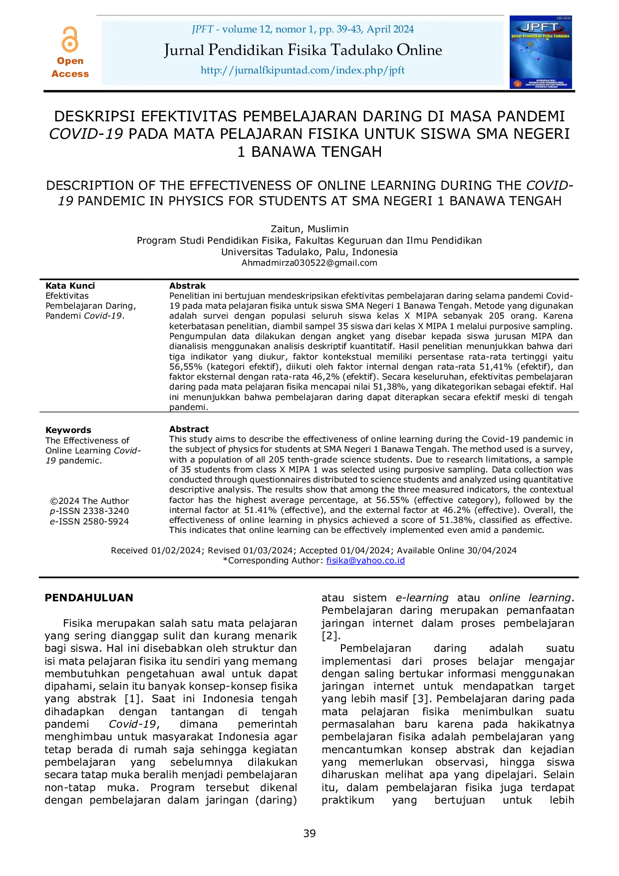 JURIS Deskripsi Efektivitas Pembelajaran Daring Di Masa Pandemi Covid 19 Pada Mata Pelajaran Fisika Untuk Siswa SMA Negeri 1 Banawa Tengah