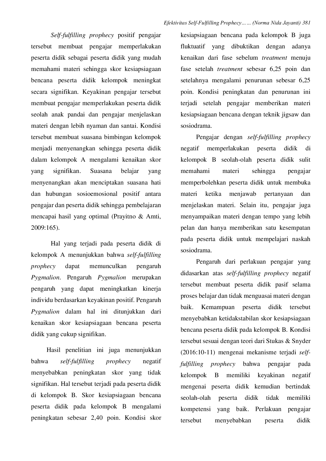 JURIS Efektivitas Self Fulfilling Prophecy Pengajar dalam Kesiapsiagaan Bencana Peserta Didik