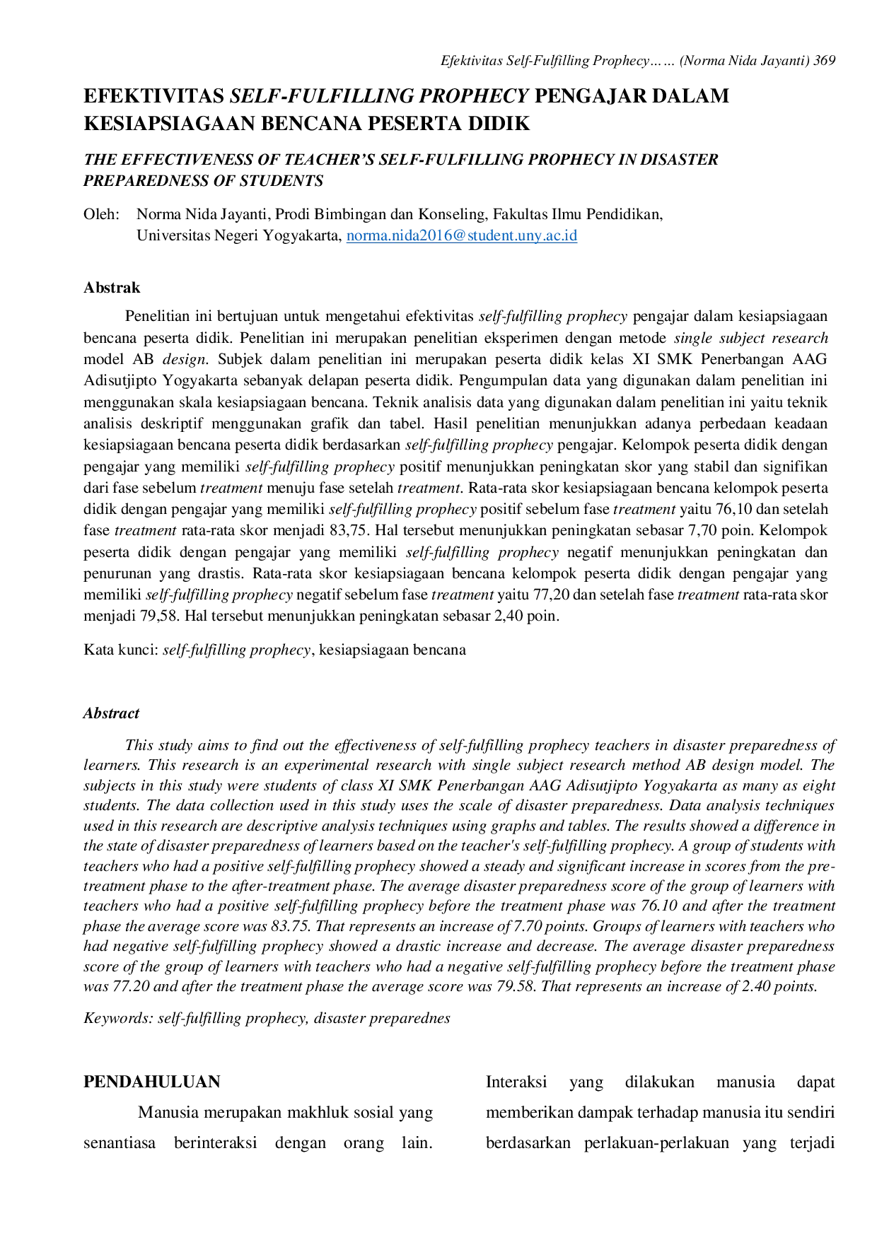 JURIS Efektivitas Self Fulfilling Prophecy Pengajar dalam Kesiapsiagaan Bencana Peserta Didik