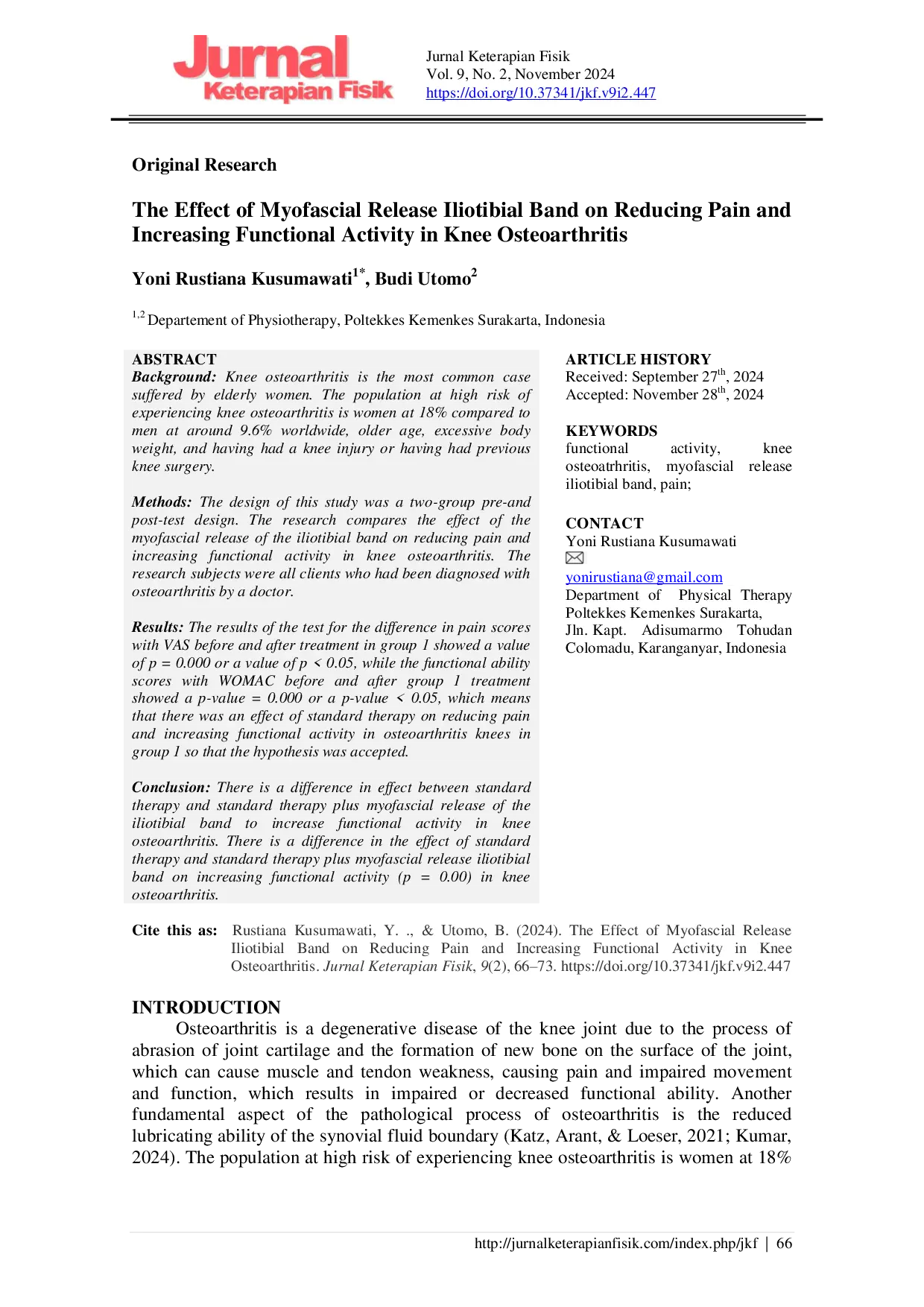 JURIS The Effect of Myofascial Release Iliotibial Band on Reducing Pain and Increasing Functional Activity in Knee Osteoarthritis