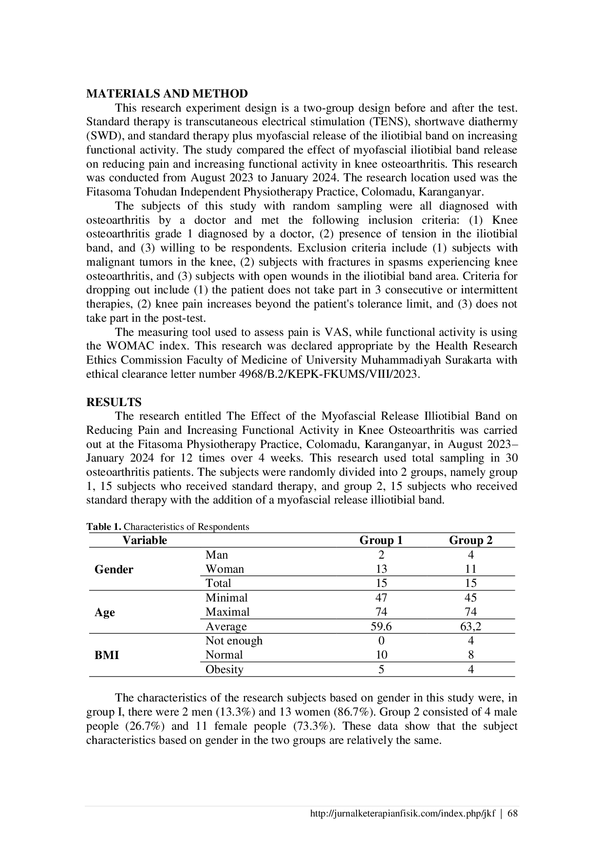 JURIS The Effect of Myofascial Release Iliotibial Band on Reducing Pain and Increasing Functional Activity in Knee Osteoarthritis