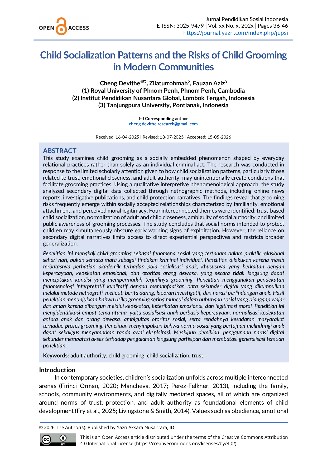 JURIS Child Socialization Patterns and the Risks of Child Grooming in Modern Communities