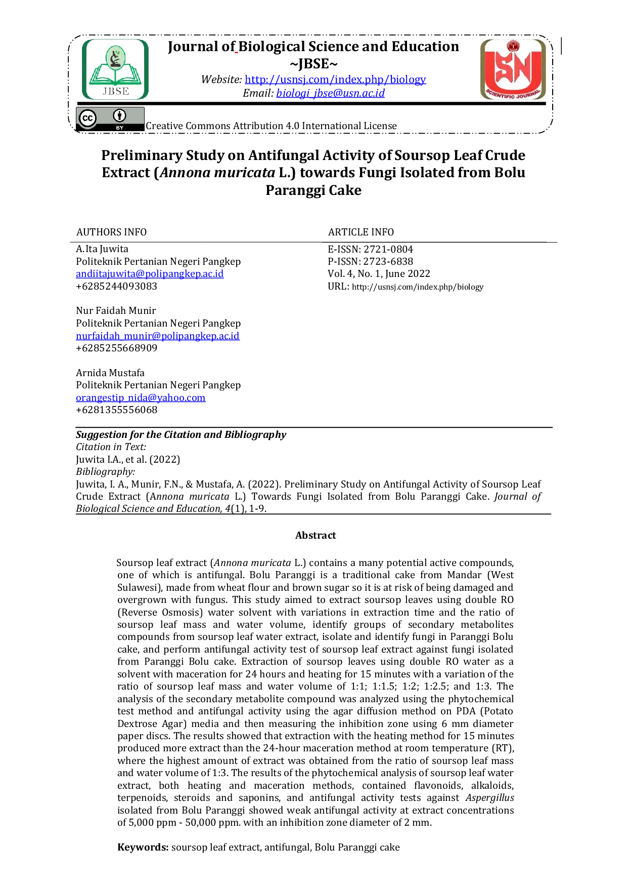 JURIS Preliminary Study on Antifungal Activity of Soursop Leaf Crude Extract Annona muricata L towards Fungi Isolated from Bolu Paranggi Cake