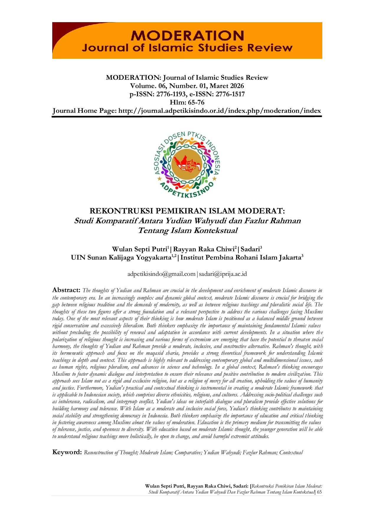 JURIS REKONTRUKSI PEMIKIRAN ISLAM MODERAT Studi Komparatif Antara Yudian Wahyudi dan Fazlur Rahman Tentang Islam Kontekstual