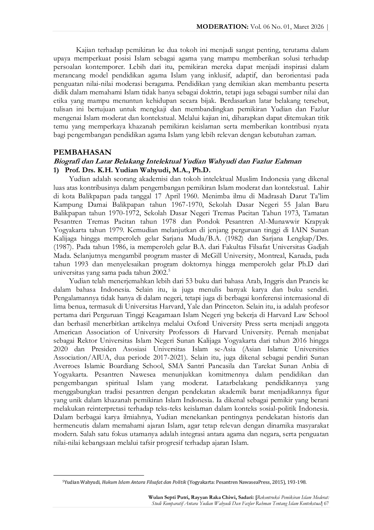 JURIS REKONTRUKSI PEMIKIRAN ISLAM MODERAT Studi Komparatif Antara Yudian Wahyudi dan Fazlur Rahman Tentang Islam Kontekstual