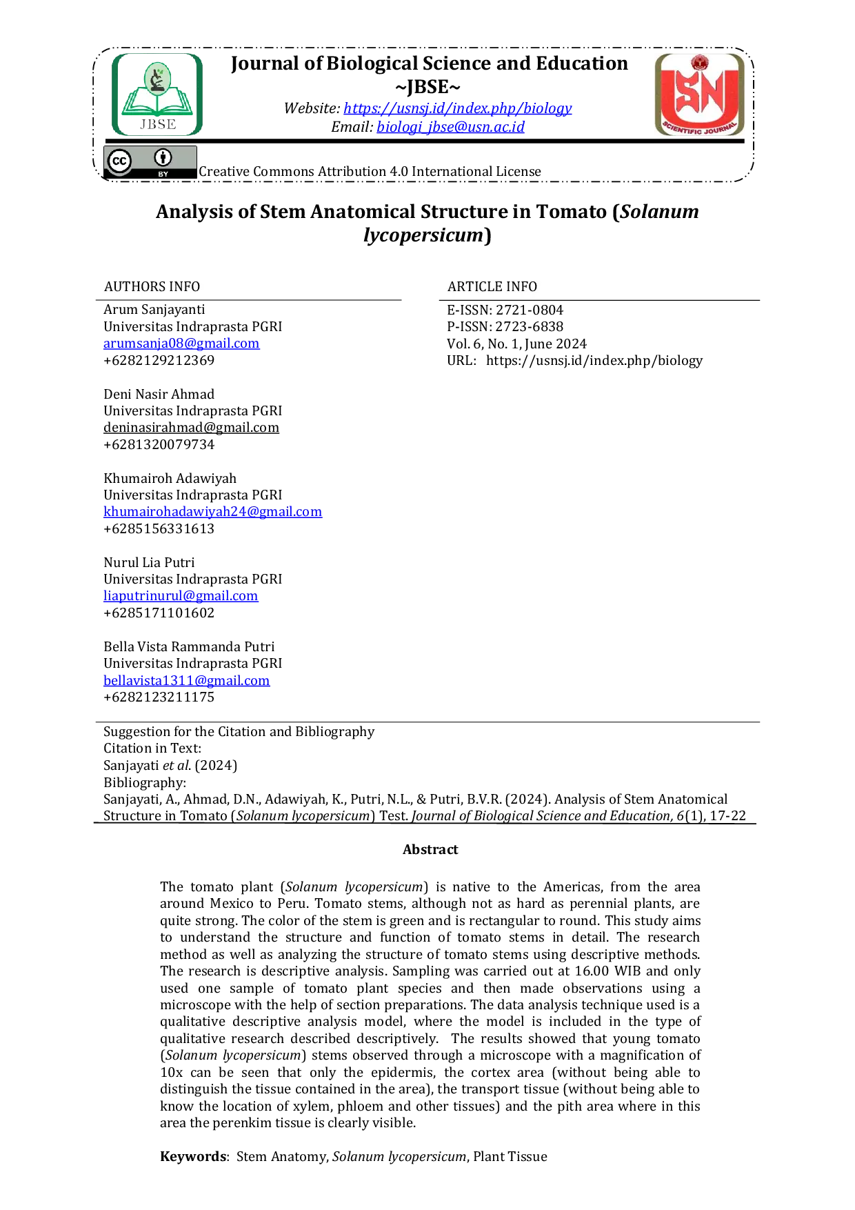 JURIS Analysis of Stem Anatomical Structure in Tomato Solanum lycopersicum