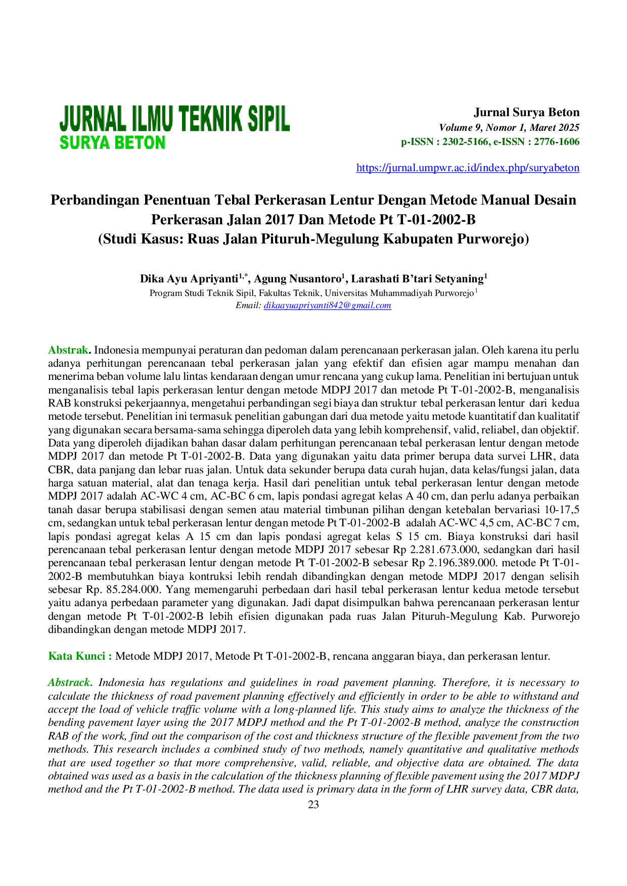 JURIS Perbandingan Penentuan Tebal Perkerasan Lentur Dengan Metode Manual Desain Perkerasan Jalan 2017 Dan Metode Pt T 01 2002 B Studi Kasus Ruas Jalan Pituruh Megulung Kabupaten Purworejo
