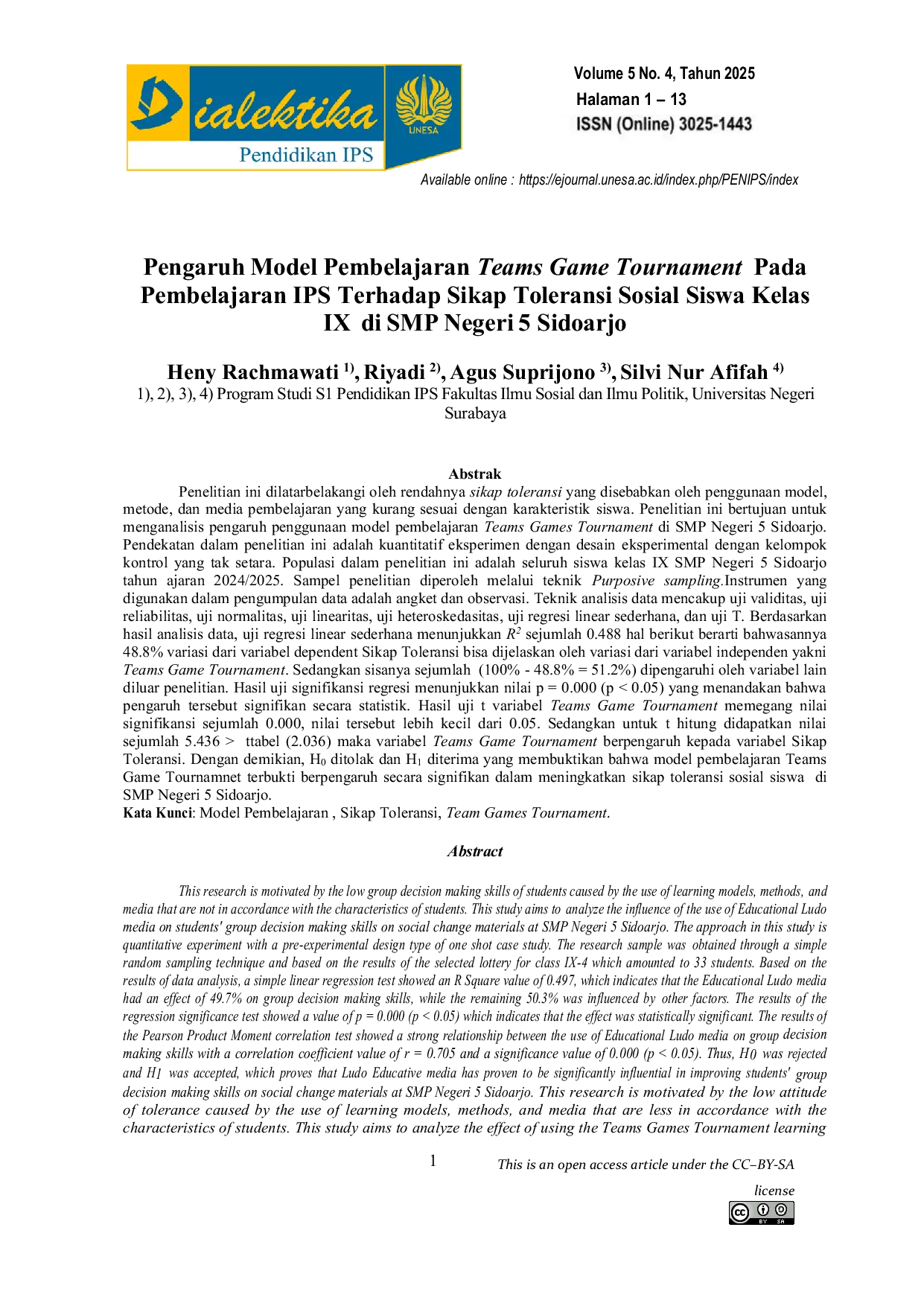 JURIS Pengaruh Model Pembelajaran Teams Game Tournament Pada Pembelajaran Ips Terhadap Sikap Toleransi Sosial Siswa Kelas Ix Di Smp Negeri 5 Sidoarjo