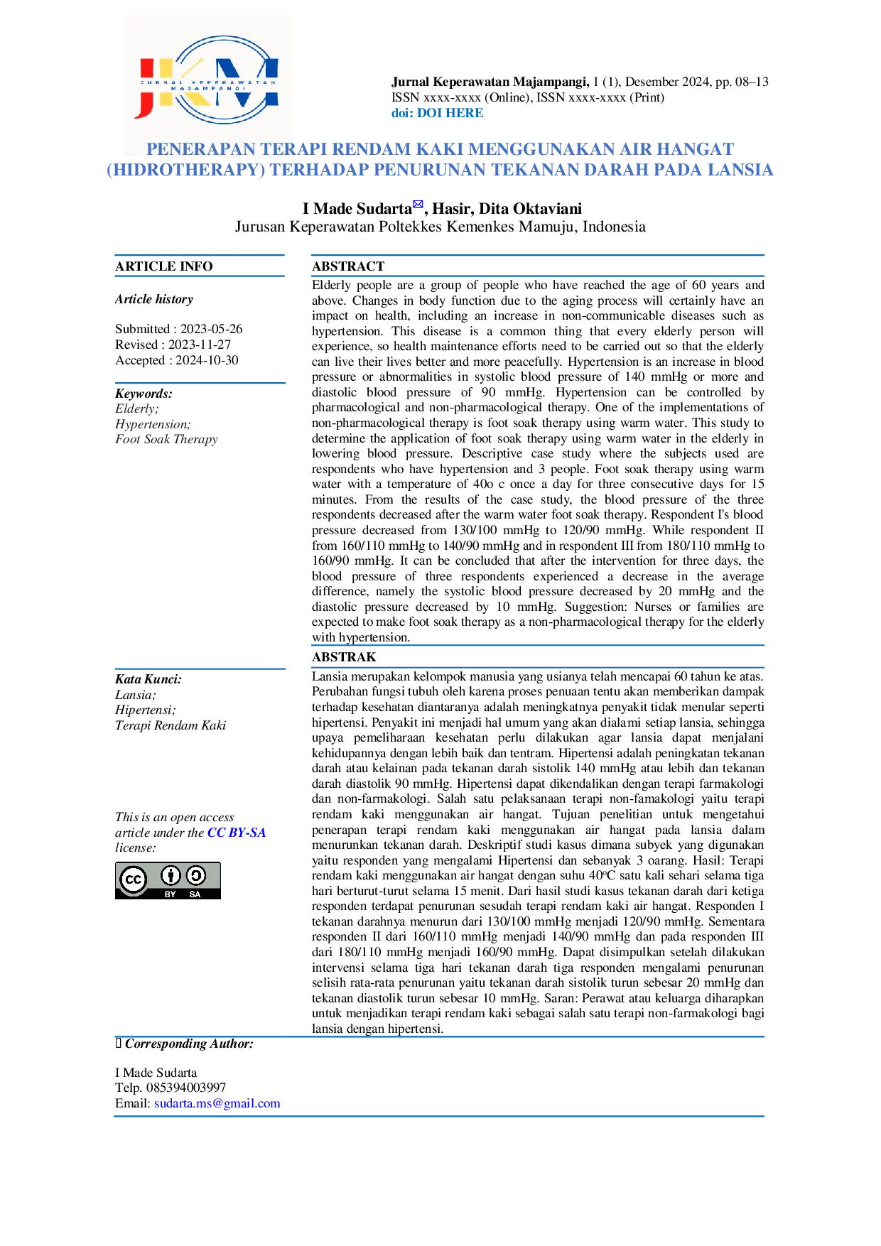 JURIS Penerapan Terapi Rendam Kaki Menggunakan Air Hangat Hidrotherapy Terhadap Penurunan Tekanan Darah Pada Lansia