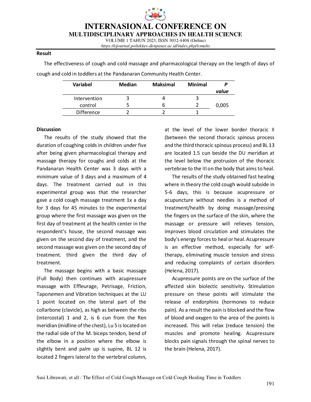 JURIS The Effect of Cold Cough Massage on Cold Cough Healing Time in Toddlers