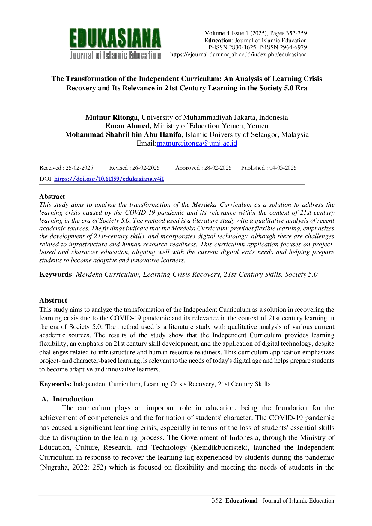 JURIS The Transformation of the Independent Curriculum An Analysis of Learning Crisis Recovery and Its Relevance in 21st Century Learning in the Society 5 0 Era