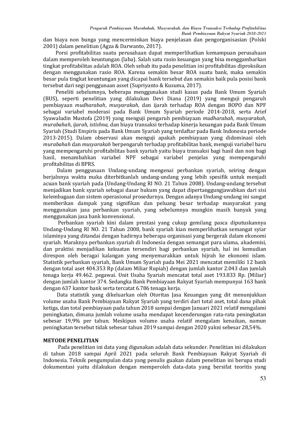JURIS Pengaruh Pembiayaan Murabahah Musyarakah dan Biaya Transaksi Terhadap Profitabilitas Bank Pembiayaan Rakyat Syariah 2018 2021