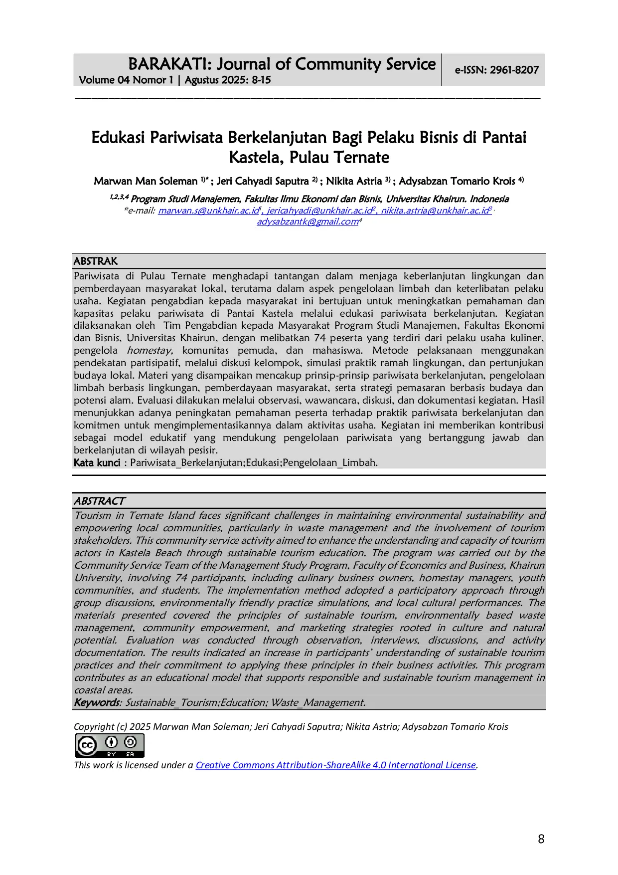 JURIS Edukasi Pariwisata Berkelanjutan Bagi Pelaku Bisnis di Pantai Kastela Pulau Ternate