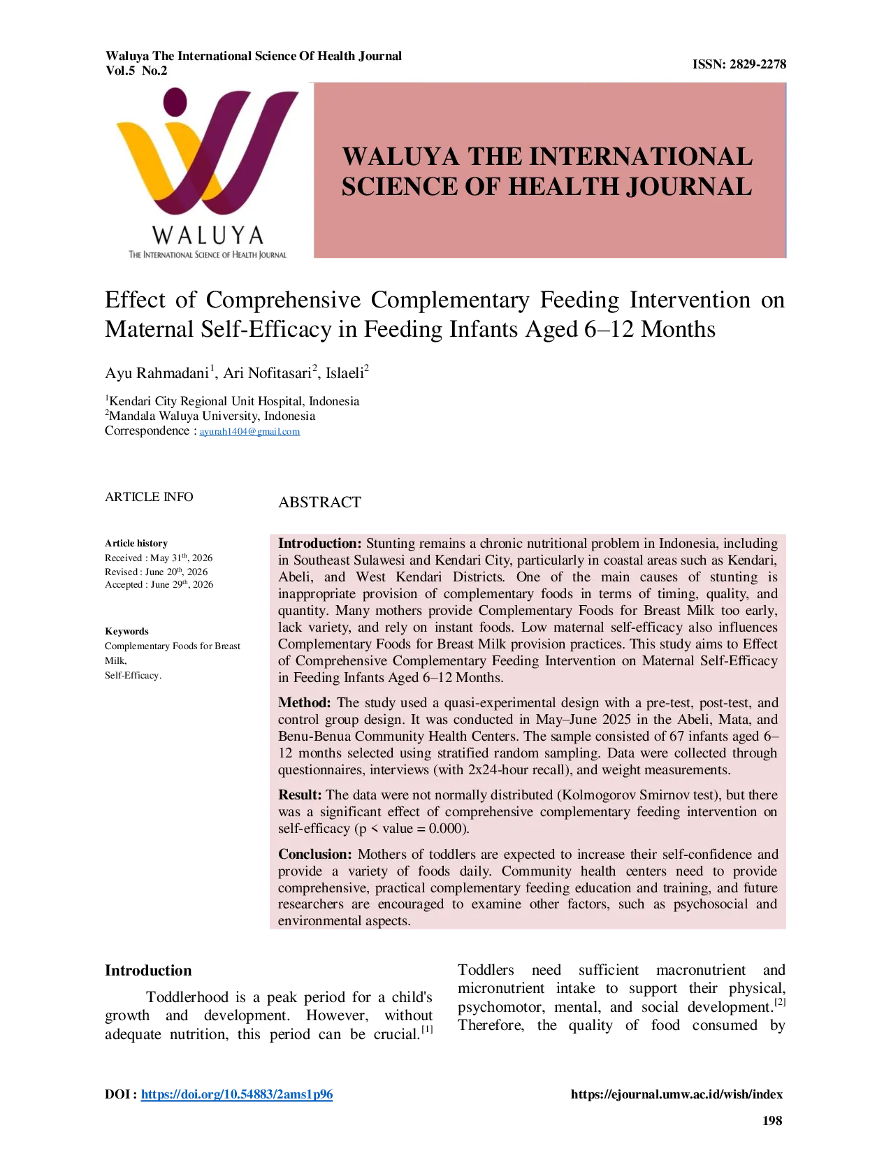 JURIS Effect of Comprehensive Complementary Feeding Intervention on Maternal Self Efficacy in Feeding Infants Aged 6 12 Months