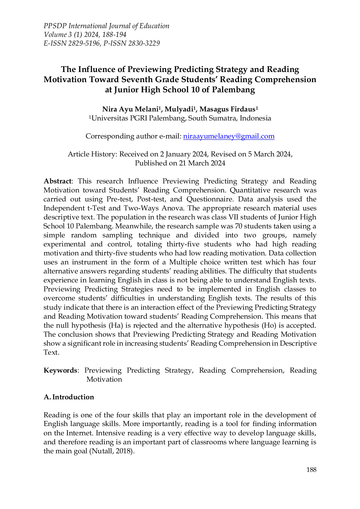 JURIS The Influence of Previewing Predicting Strategy and Reading Motivation Toward Seventh Grade Students Reading Comprehension at Junior High School 10 of Palembang