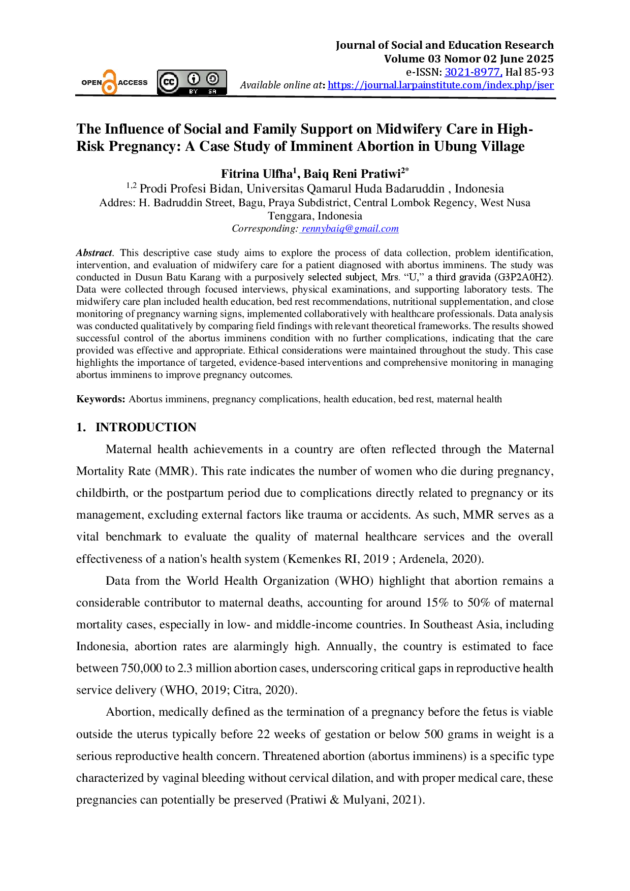 juris The Influence of Social and Family Support on Midwifery Care in High Risk Pregnancy A Case Study of Imminent Abortion in Ubung Village