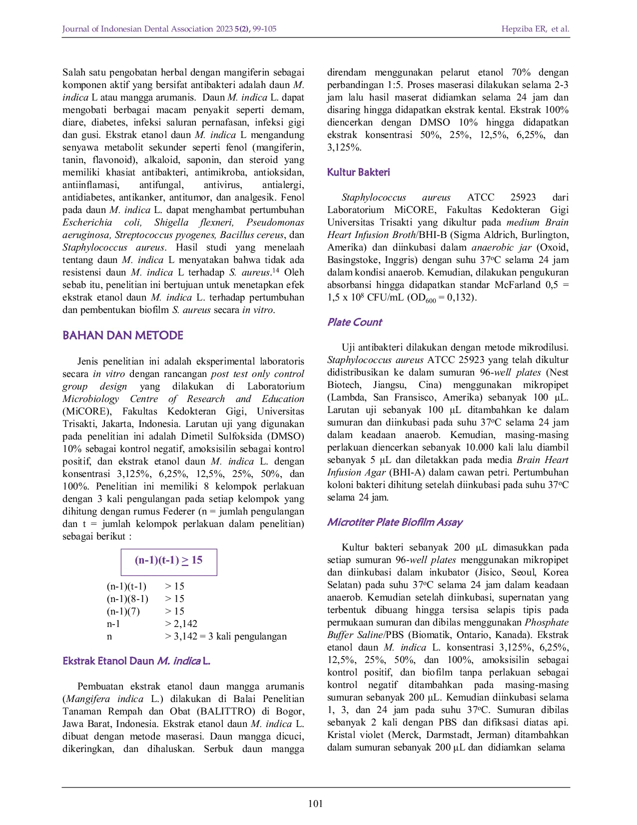 JURIS Antibiofilm of Arumanis Mango Leaves Mangifera indica L Ethanol Extract Against Staphylococcus aureus in vitro
