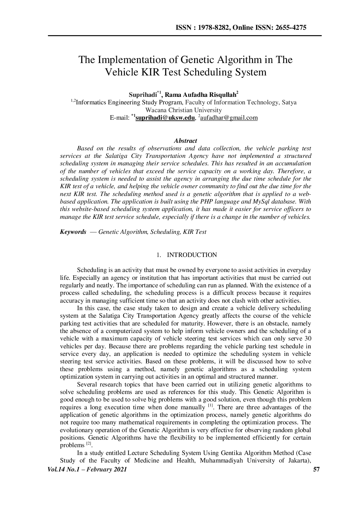 JURIS The Implementation of Genetic Algorithm in The Vehicle KIR Test Scheduling System